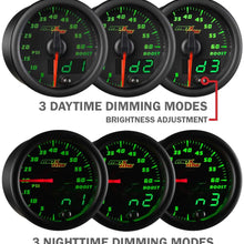 MaxTow Double Vision 60 PSI Turbo Boost Gauge Kit - Includes Electronic Pressure Sensor - Black Gauge Face - Green LED Illuminated Dial - Analog & Digital Readouts - for Diesel Trucks - 2-1/16" 52mm