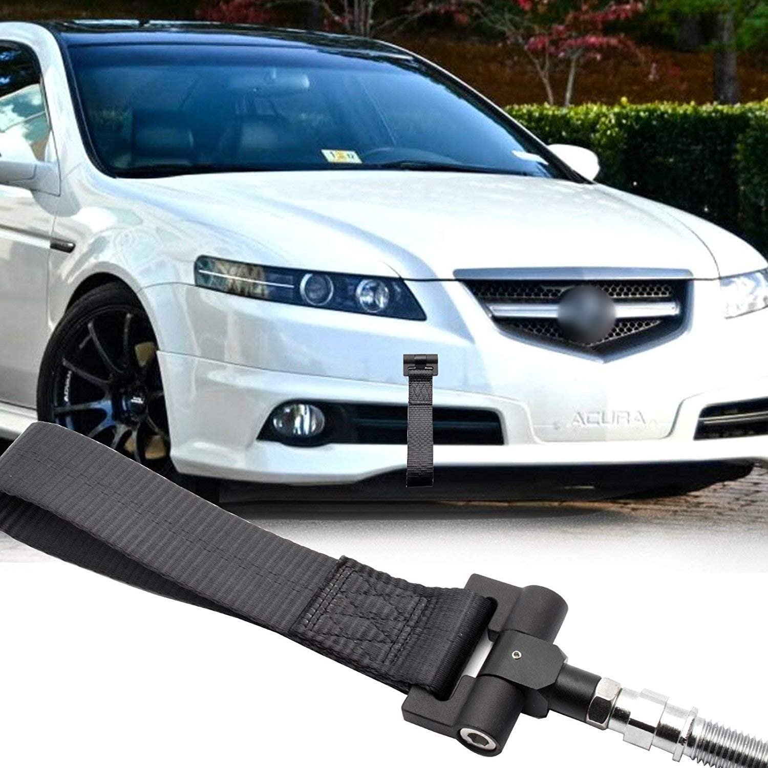 Xotic Tech Black JDM Sporty Tow Hook Adapter with Towing Strap for Honda Fit Acura TL (Black)
