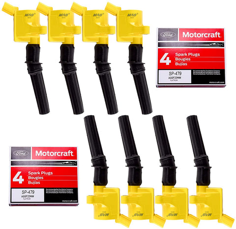 Pack of 8 Yellow Ignition Coil DG508 and Motorcraft Spark Plugs SP479 For Ford Lincoln Mercury