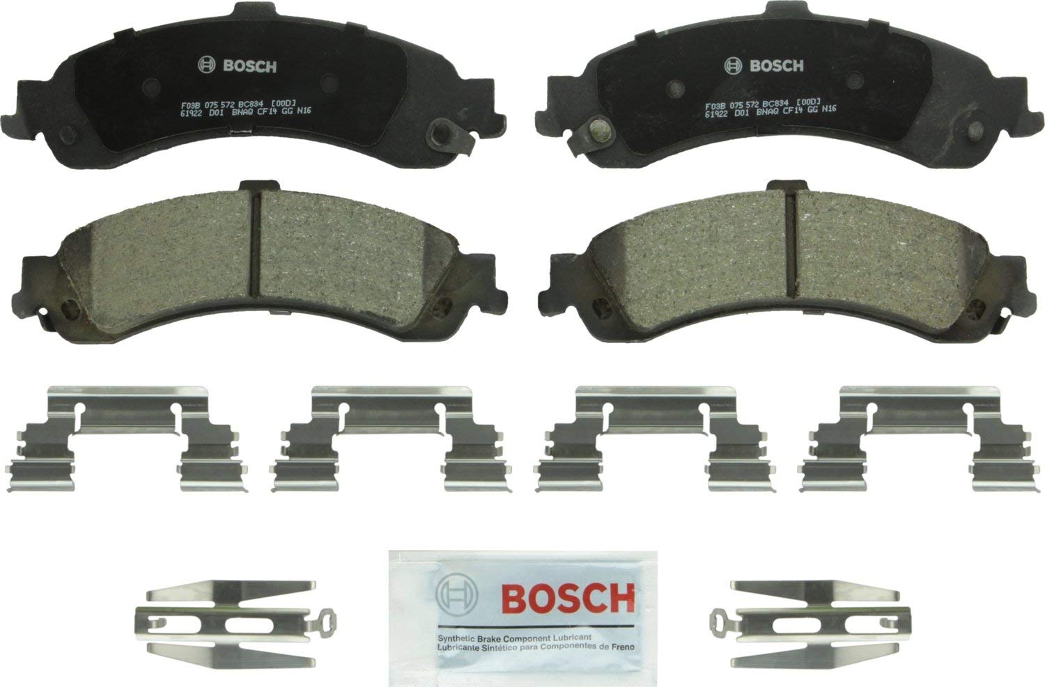 Bosch BC834 QuietCast Premium Ceramic Disc Brake Pad For: Cadillac Escalade, ESV, EXT; Chevrolet Avalanche, Silverado, Suburban, Tahoe; GMC Sierra, Yukon, Yukon XL, Rear