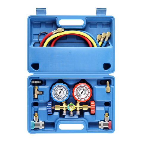 3 Way AC Diagnostic Manifold Gauge Set for Freon Charging, Fits R134A R12 R22 and R502 Refrigerants, with 5FT Hose, ACME Tank Adapters, Adjustable Couplers and Can Tap