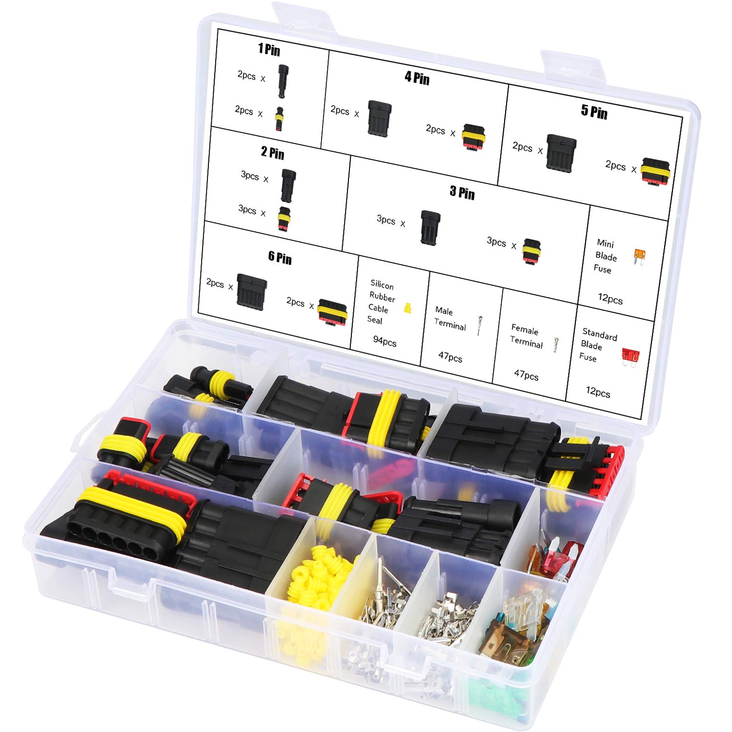 WiMas 1 2 3 4 5 6 Pin Wire Waterproof Connector 240pcs Electrical Wire Connector Automotive Connector Plug Terminal Wire Connector with Automotive Blade Fuses for Car Motorcycle Truck Boats