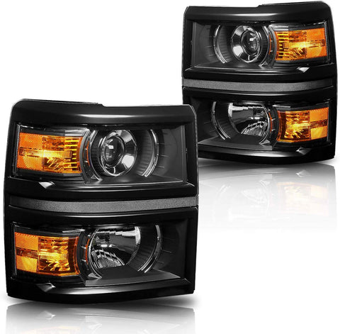 Projector Headlight Assembly Compatible with Chevy Silverado 14-15 Headlamps with Black Housing Amber Corner