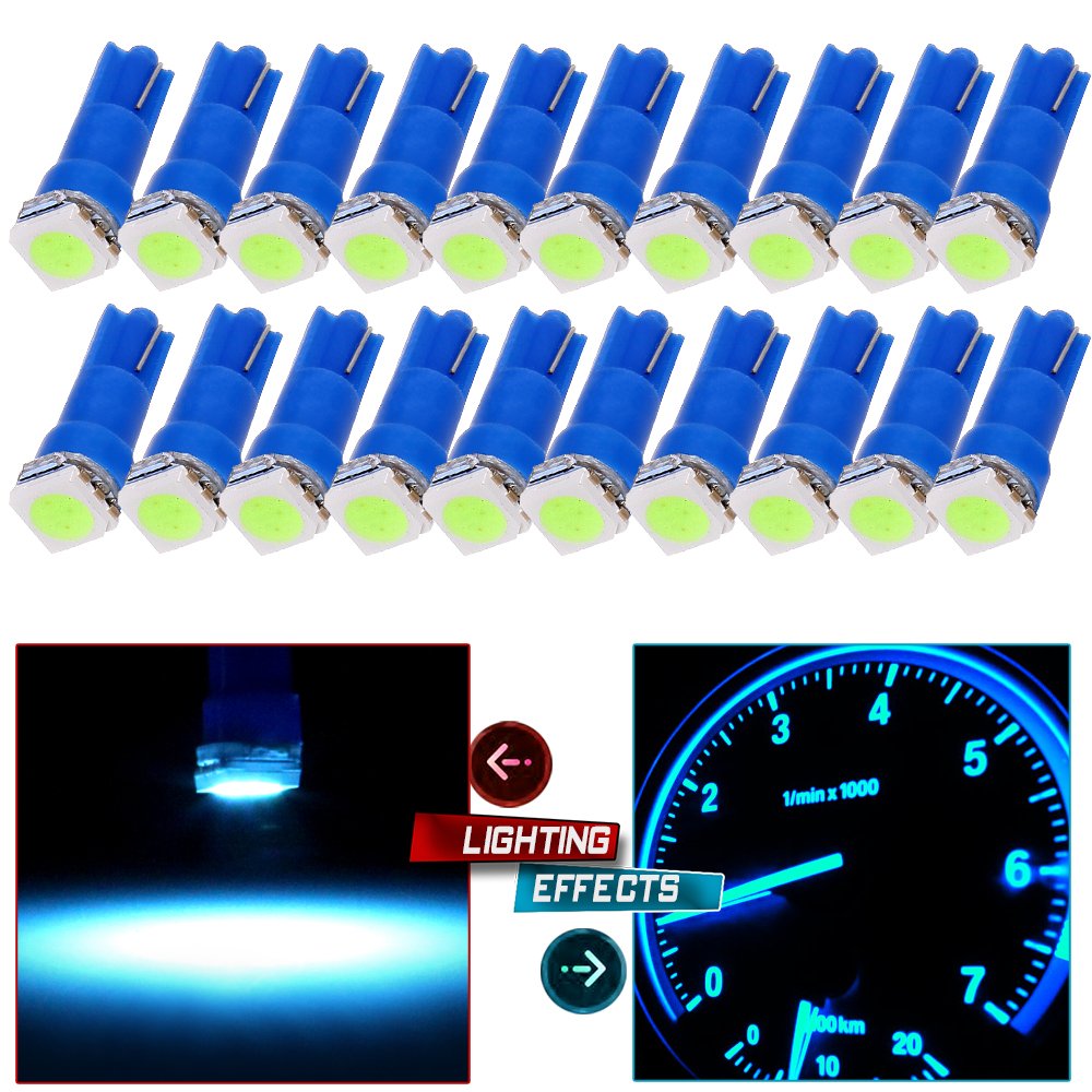 cciyu 20 Pack Ice Blue T5 58 70 73 74 Dashboard Instrument Panel Instrument Gauge 5050SMD LED Wedge Lamp Bulb Light