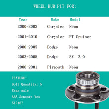 TUPARTS 512167 Wheel Bearing and Hubs Rear Compatible With 2000-2005 Neon 2001-2010 Chrysler PT Cruiser 2000-2002 Chrysler Neon 2003-2005 Dodge SX 2.0 2000-2001 Plymouth Neon W/ABS Sensor
