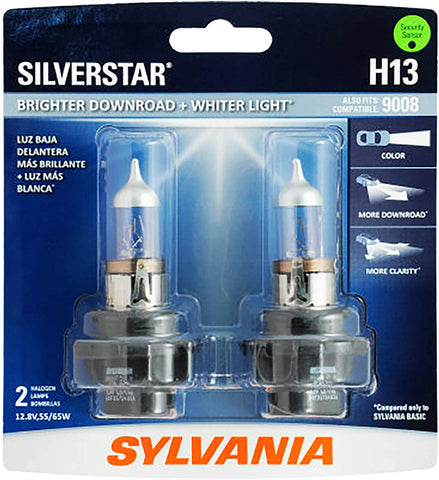 SYLVANIA - H13 SilverStar - High Performance Halogen Headlight Bulb, High Beam, Low Beam and Fog Replacement Bulb, Brighter Downroad with Whiter Light (Contains 2 Bulbs)