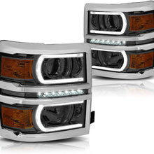 U-Strip LED DRL Projector Headlight Assembly Compatible with Chevy Silverado 14-15 Headlamps with Amber Corner Smoked