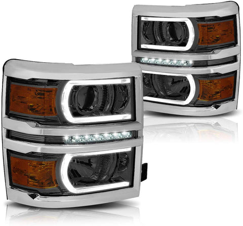 U-Strip LED DRL Projector Headlight Assembly Compatible with Chevy Silverado 14-15 Headlamps with Amber Corner Smoked