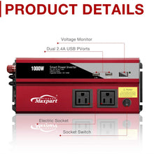 Maxpart 1000W Power Inverter Truck/RV Inverter 12V DC to 110V AC Converter with Dual AC Outlets 2.4A USB and Dual 12V Car Cigarette Lighter Modified Wave Inverter