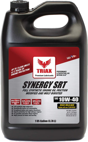 Triax Synergy SRT 10W-40 Full Synthetic High Mileage | SN Plus API Licensed | Moly & Boron Friction Modified | 15,000 Miles or 2 Years (1 Gal)