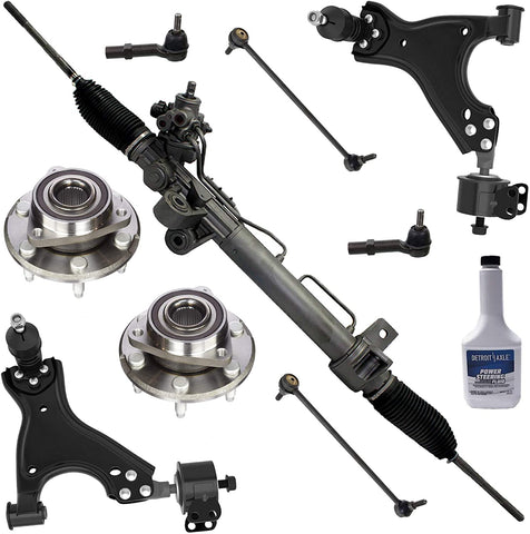 Detroit Axle - 10PC Complete Power Steering Rack and Pinion Assembly [WITH EVO SENSOR] w/Inner & Outer Tie Rods, Front Wheel Hub & Bearing Assembly, Front Lower Control Arms w/Ball Joint, Sway Bars