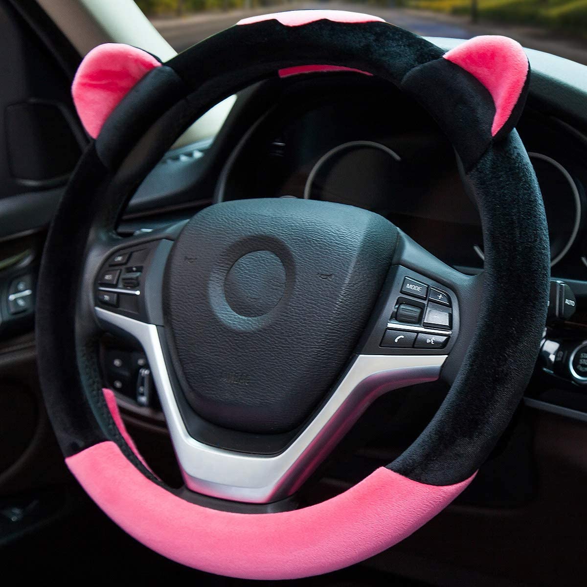 ChuLian Cute Winter Warm Plush Auto Car Steering Wheel Cover for Women Girls, Universal 15 Inch Car Accessories, Rose Red