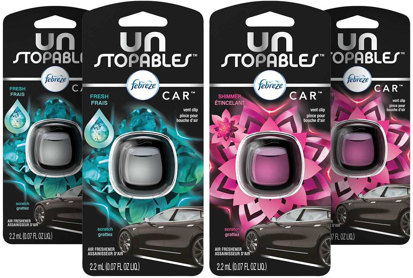 Febreze Car Unstopables Air Freshener Vent Clips, 2 Fresh and Shimmer Scent, 4 Count