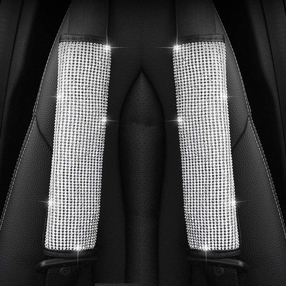 MIGHTYDUTY 2 pcs Car Seat Belt Covers with Crystal Diamond, Bling Rhinestone Leather Handcraft Car Accessories for Most Models