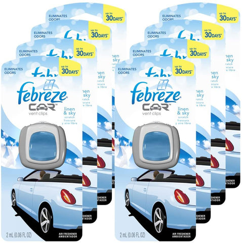 Febreze 2 amL (0.06 FL OZ) Car Vent Clips Air Freshener and Odor Eliminator, Linen and Sky Scent - 8 Pieces