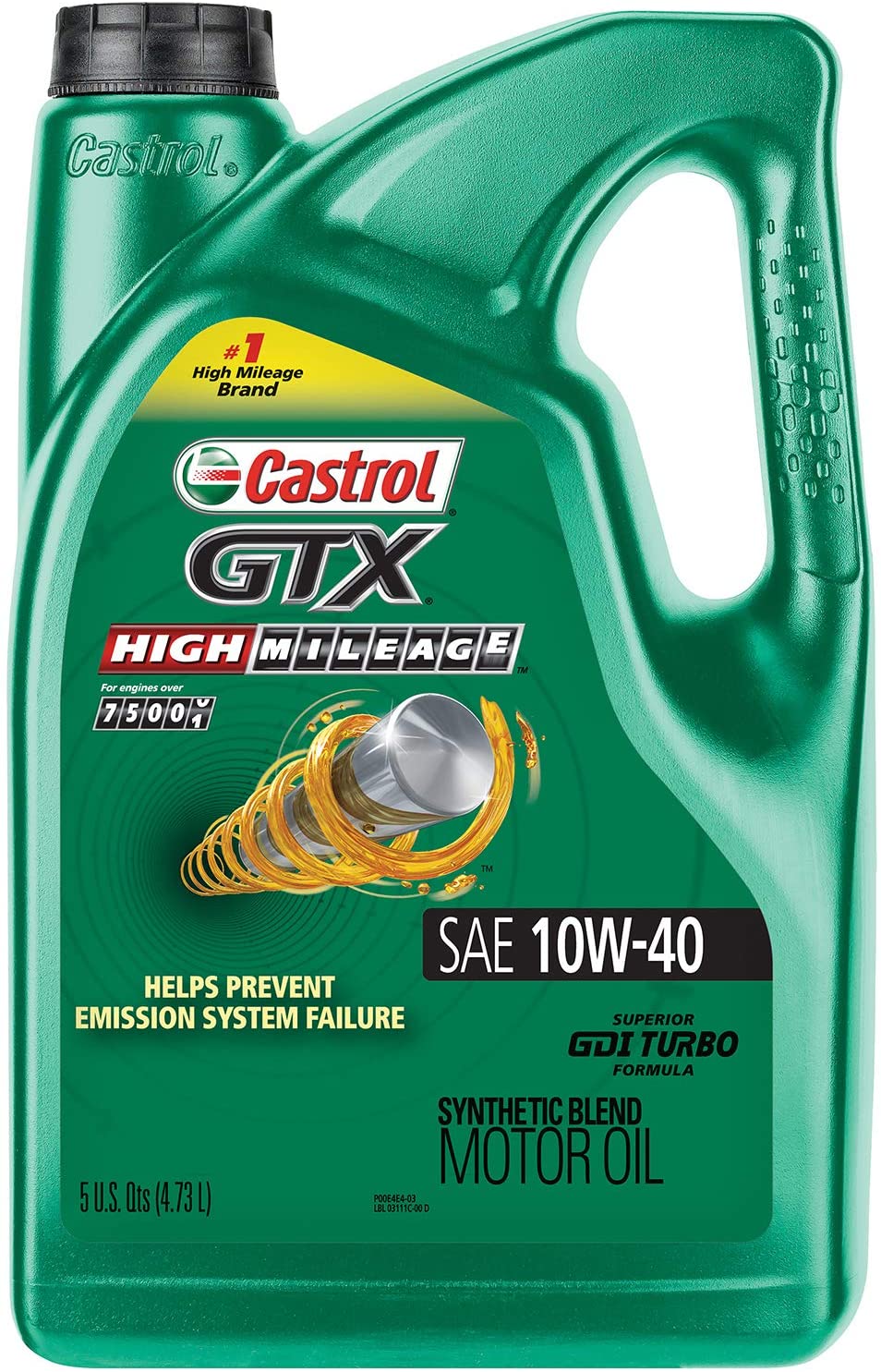 Castrol 03111 GTX High Mileage 10W-40 Synthetic Blend Motor Oil, 5 Quart, 3 Pack