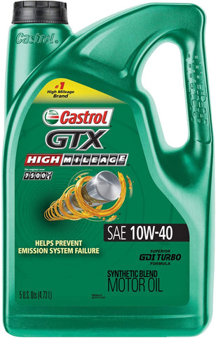 Castrol 03111 GTX High Mileage 10W-40 Synthetic Blend Motor Oil, 5 Quart, 3 Pack