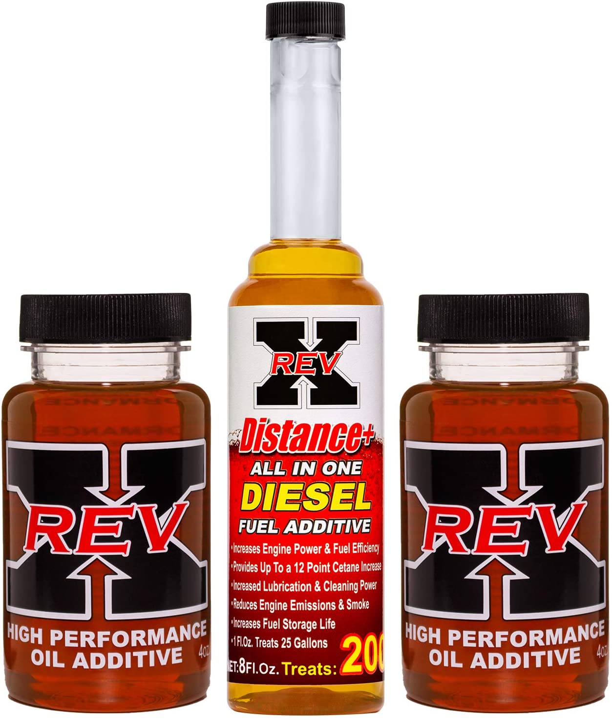 REV X Diesel Kit - 8 fl. oz. Distance+ Fuel System Cleaner & Two 4 fl. oz. High Performance Oil Additive