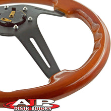 AJP Distributor Universal 345mm 6 Bolt Hole Deep Dish Streak Aluminum Wood Grain Trim Steering Wheel Blank Horn Button JDM Euro VIP Racing Track Drift Drag (Light Wood Trim Black Center)