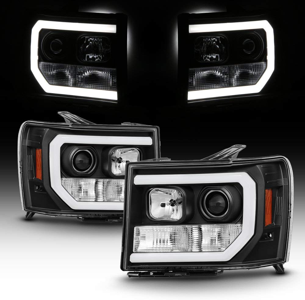 For 2007-2014 GMC Sierra 1500 2500 3500 LED [C-Tube Bar] Black Projector Headlight Driver Left + Passenger Rligh Pair