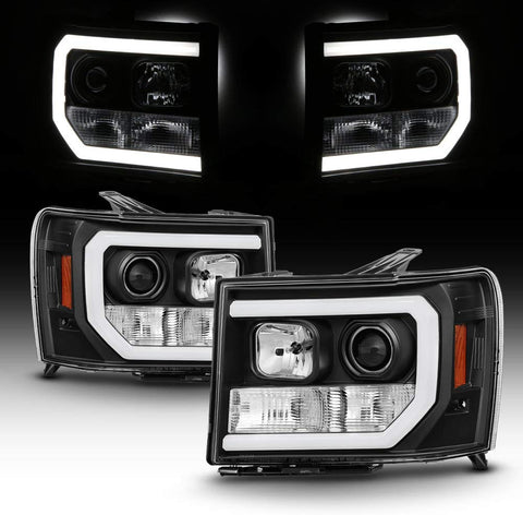 For 2007-2014 GMC Sierra 1500 2500 3500 LED [C-Tube Bar] Black Projector Headlight Driver Left + Passenger Rligh Pair