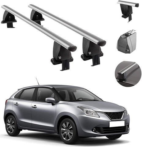 Roof Rack Cross Bars Lockable Luggage Carrier Smooth Roof Cars | Fits Suzuki Baleno 2015-2019 Silver Aluminum Cargo Carrier Rooftop Bars | Automotive Exterior Accessories