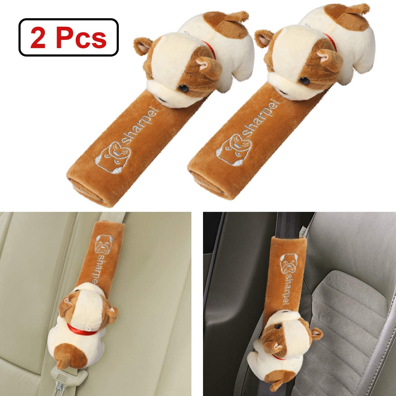 Monrand 2Pcs Universal Car Seat Belt Pad,Soft Car Safety Seat Belt Strap Shoulder Pad for Adults Kids (Brown-Dog)