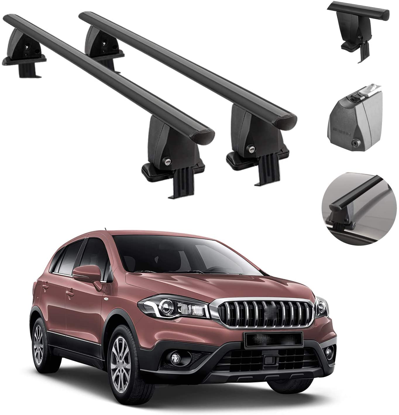 Roof Rack Cross Bars Lockable Luggage Carrier Smooth Roof Cars | Fits Suzuki SX4 S-Cross 2016-2021 Black Aluminum Cargo Carrier Rooftop Bars | Automotive Exterior Accessories