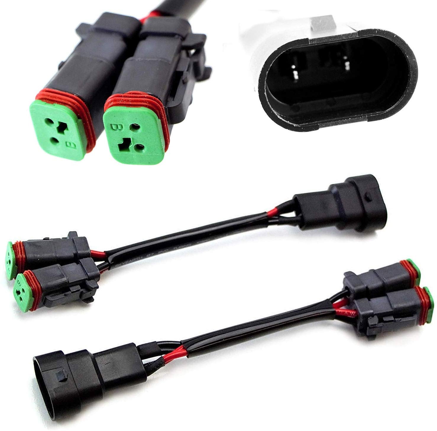 iJDMTOY (2) Y-Shape Dual Outputs 9145 H10 9006 To Deutsch DT DTP Adapters Connectors Splitters, Good For Dual LED Pod Lights, LED Light Bar, LED Work Lamps, Fog Lights, etc