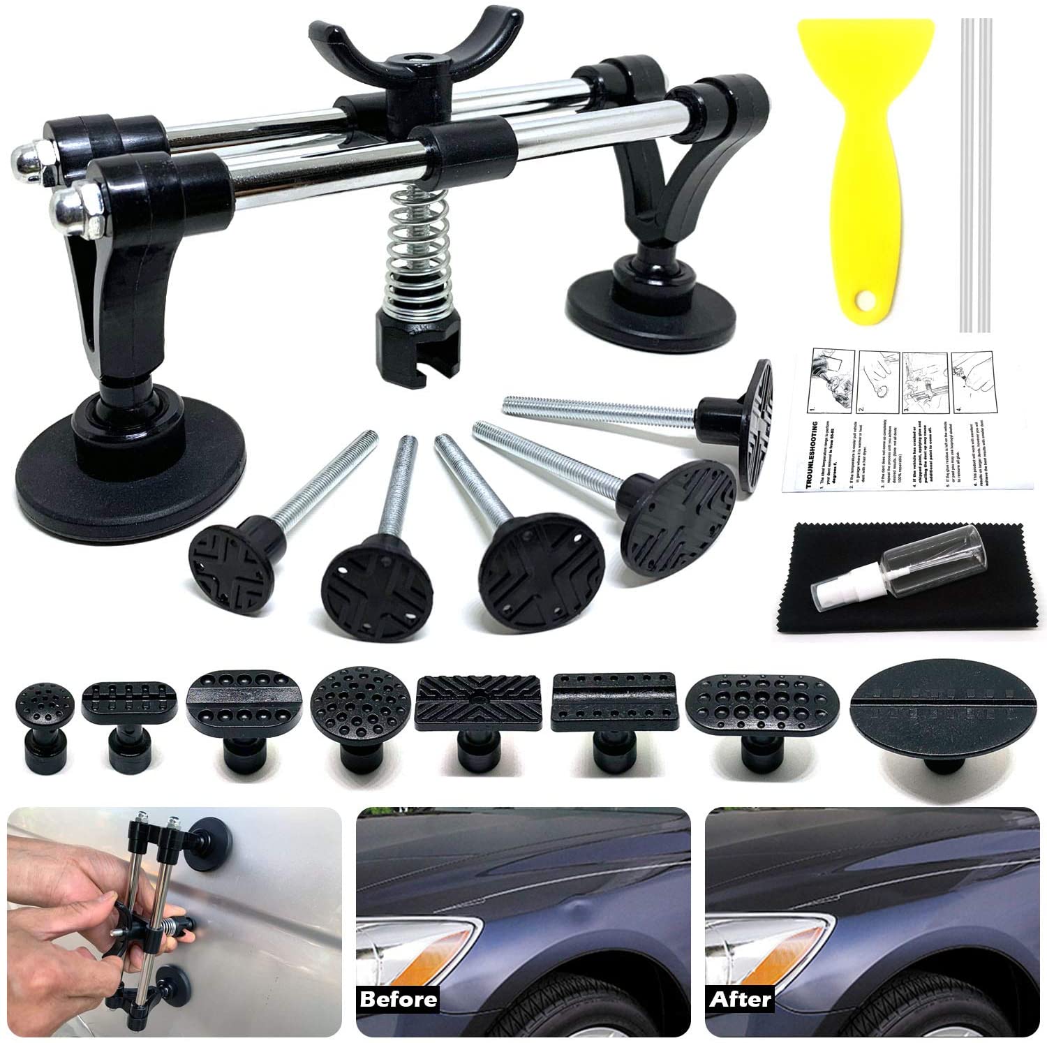 YEUXCORP Car Body Paintless Dent Repair Tool Set, Auto Dent Repair with Double Pole Bridge Dent Puller, Puller Tabs for Auto Dent Removal, Minor dents, Door Dings and Hail Damage…