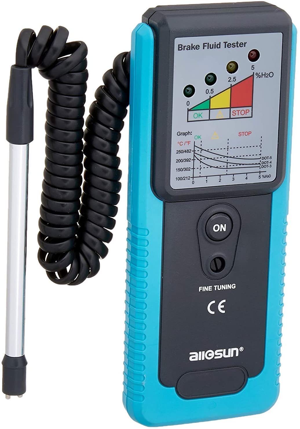 Allsun Automotive Brake Fluid Tester Brake Fluid Detector LED Indicator 180°Pucker with Buzzer Diagnostic Tool EM283A