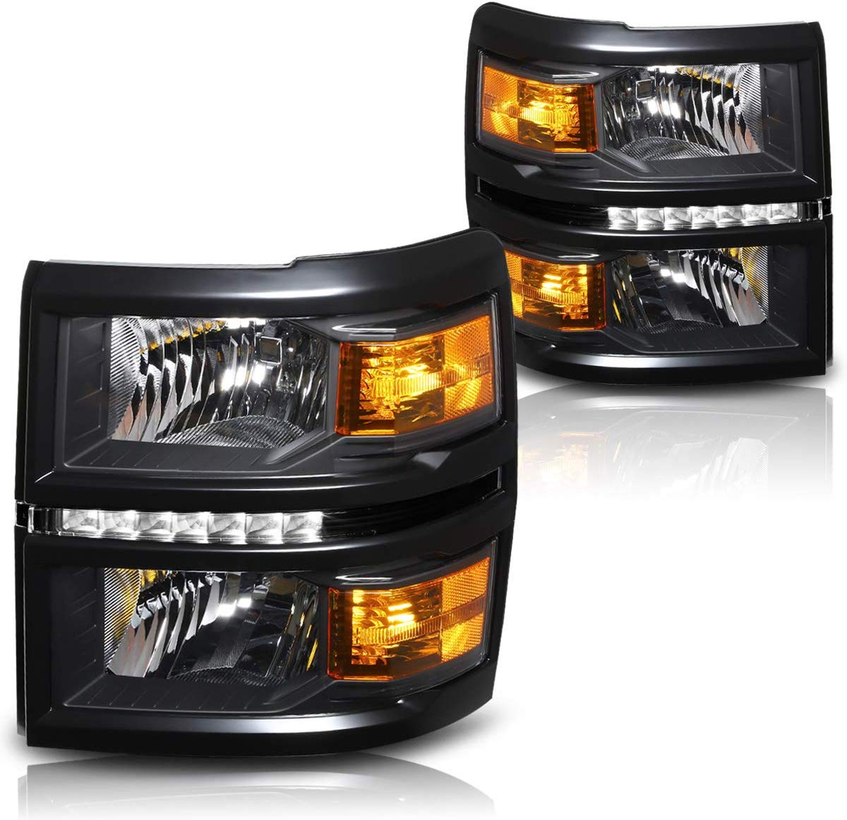 LED DRL Headlight Assembly Compatible with Chevy Silverado 14-15 Headlamps with Black Housing Amber Corner Pair