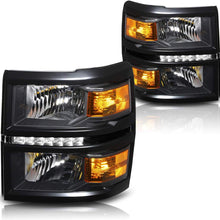 LED DRL Headlight Assembly Compatible with Chevy Silverado 14-15 Headlamps with Black Housing Amber Corner Pair