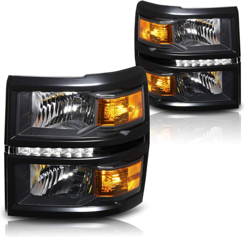 LED DRL Headlight Assembly Compatible with Chevy Silverado 14-15 Headlamps with Black Housing Amber Corner Pair