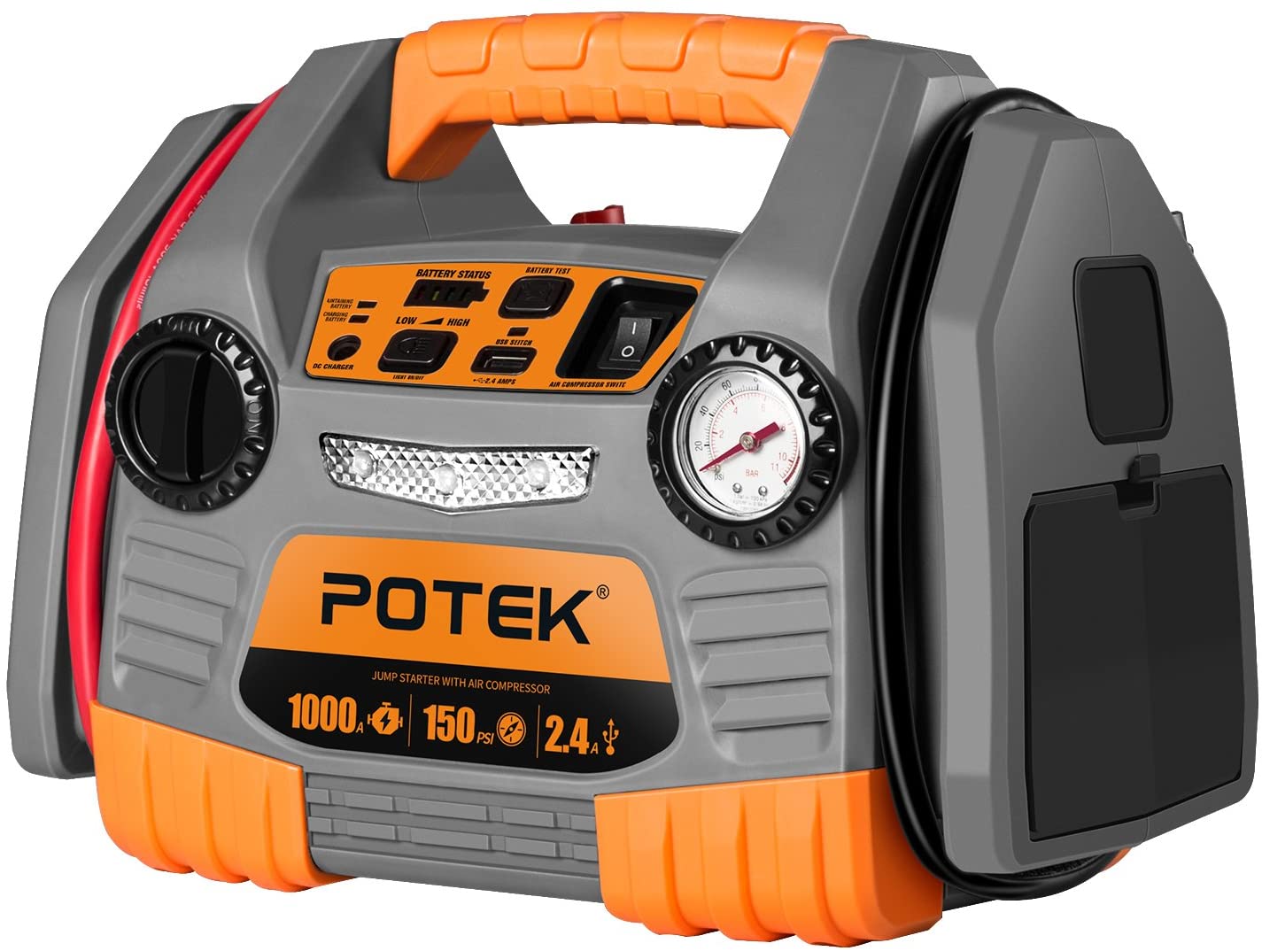 POTEK Car Jump Starter with 150 PSI Tire Inflator/Air compressor,1000 Peak/500 Instant Amps with USB Port to Charge Iphone,IPad, Kindle