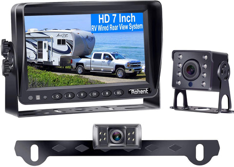 Rohent HD 2 Backup Cameras Kit 7 Inch Monitor Hitch Driving Rear View High-Speed Observation System for RVs,Trucks,Trailers, Campers,5th Wheels Super Night Vision Waterproof IP69K R4