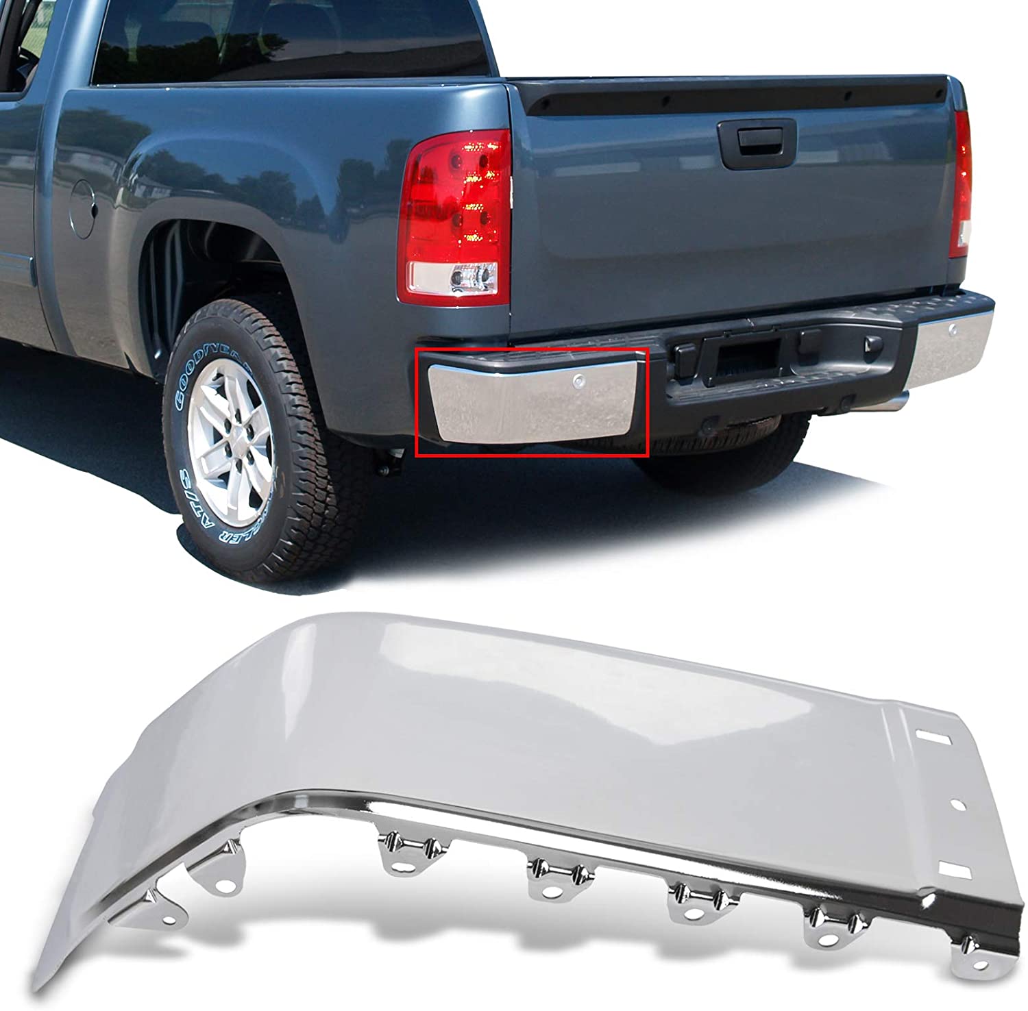 Rear Left Chrome Bumper End Cap Without Sensor Hole Replacement For 15284307 GM1104149 Fits 2007-2013 Chevy Silverado GMC Sierra 1500 XFE Hybrid 2500 HD 3500 HD Steel Driver Side