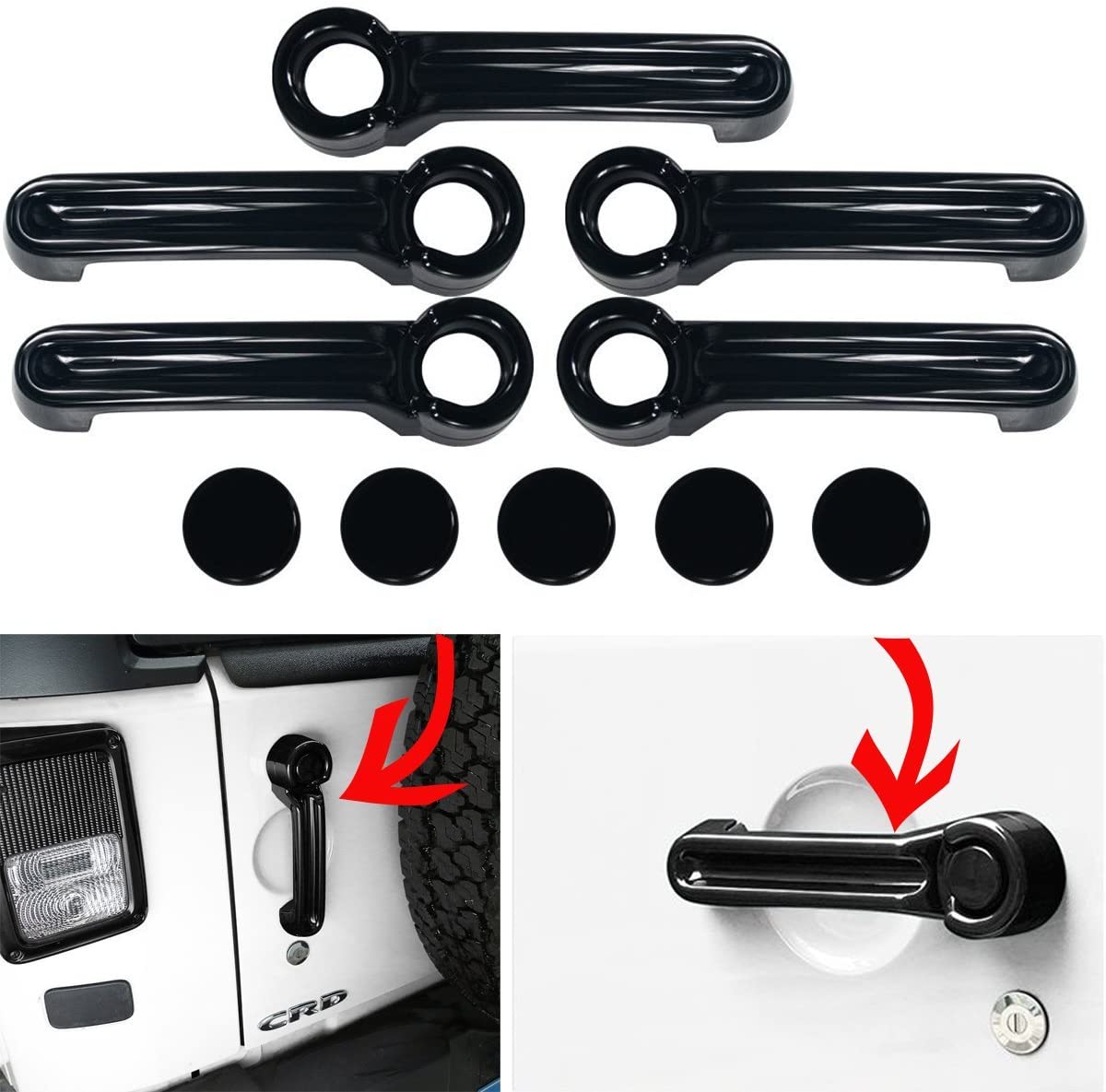 MOEBULB 5x5 Plated 4 Door Pull Handle Cover & Tailgate Handle Cover for 2007-2017 Jeep Wrangler JK / 2008-2012 Jeep Liberty / 2007-2011 Dodge Nitro (Black)