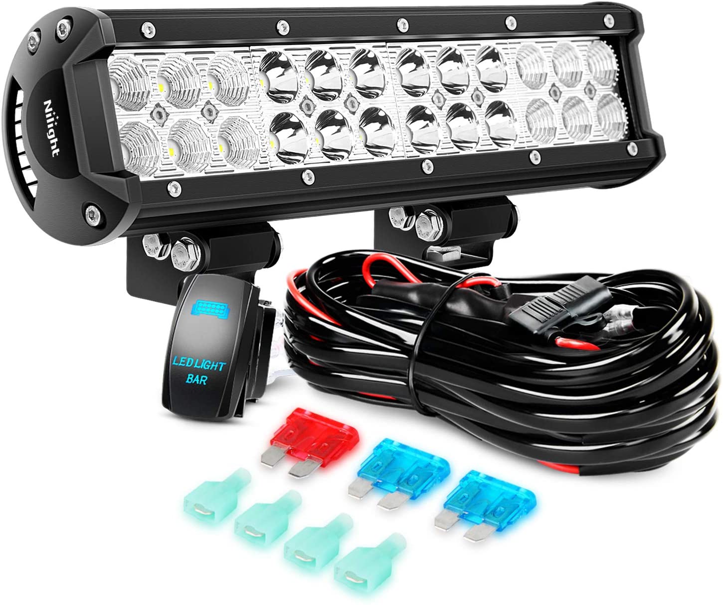 Nilight LED Light Bar 1PC 12Inch 72W Spot Flood Combo Led Off Road Lights 12V 5Pin Rocker Switch LED Light Bar Wiring Harness Kit- 2 Leads, 2 Years Warranty