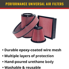 Airaid 721-128 Universal Clamp-On Air Filter: Oval Tapered; 4.5 Inch (114 mm) Flange ID; 7.375 Inch (187 mm) Height; 11.5 x 7 Inch (292 mm x 178 mm) Base; 9 x 4.5 Inch (229 mm x114 mm) Top