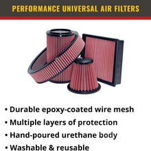 Airaid 720-479 Universal Clamp-On Air Filter: Oval Tapered; 6 in (152 mm) Flange ID; 6.875 in (175 mm) Height; 9 in x 7.25 in (229 mm x 184 mm) Base; 6.25 in x 3.75 in (159 mm x95 mm) Top