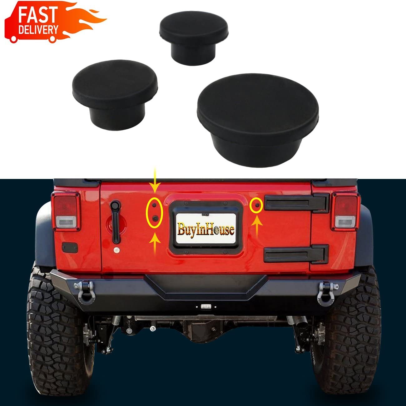 buyinhouse 3pc for Wrangler JK 2007-2018, Black Tailgate Durable Rubber Plugs Set, Tramp Stamp Tire Carrier Delete Removable Snug Rubber