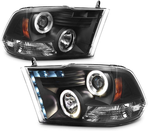 For 09-18 Dodge Ram Pickup Truck Black Bezel Dual Halo Ring LED Projector Headlights Replacement Pair