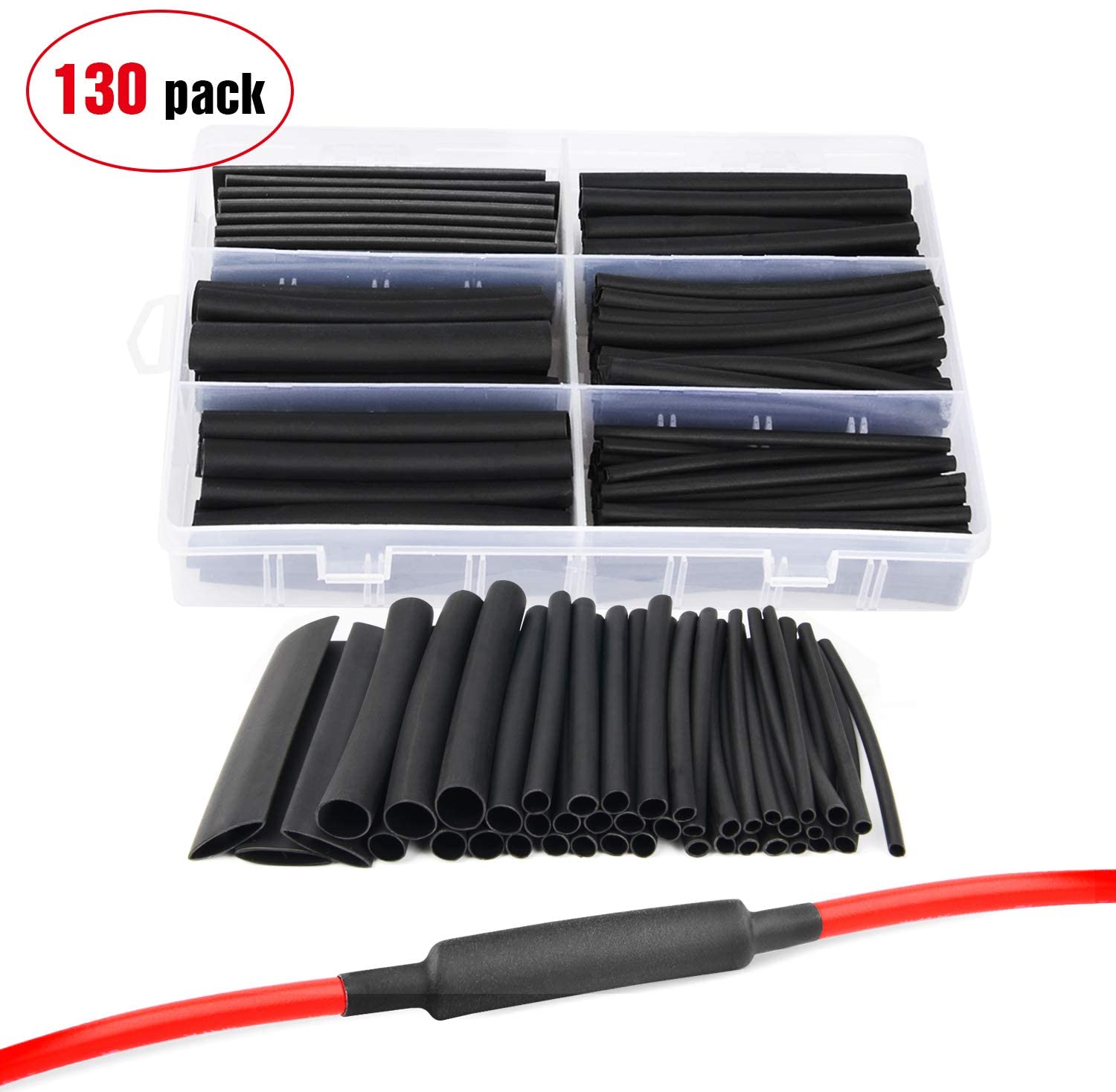 Nilight 130 Pcs 3:1 Heat Shrink Tubing Kit Dual Wall Adhesive Sleeve Tube Electrical Wire Cable Wrap Tube Assortment with Storage Case for DIY(6 Sizes, Black), 2 Years Warranty (50089R)
