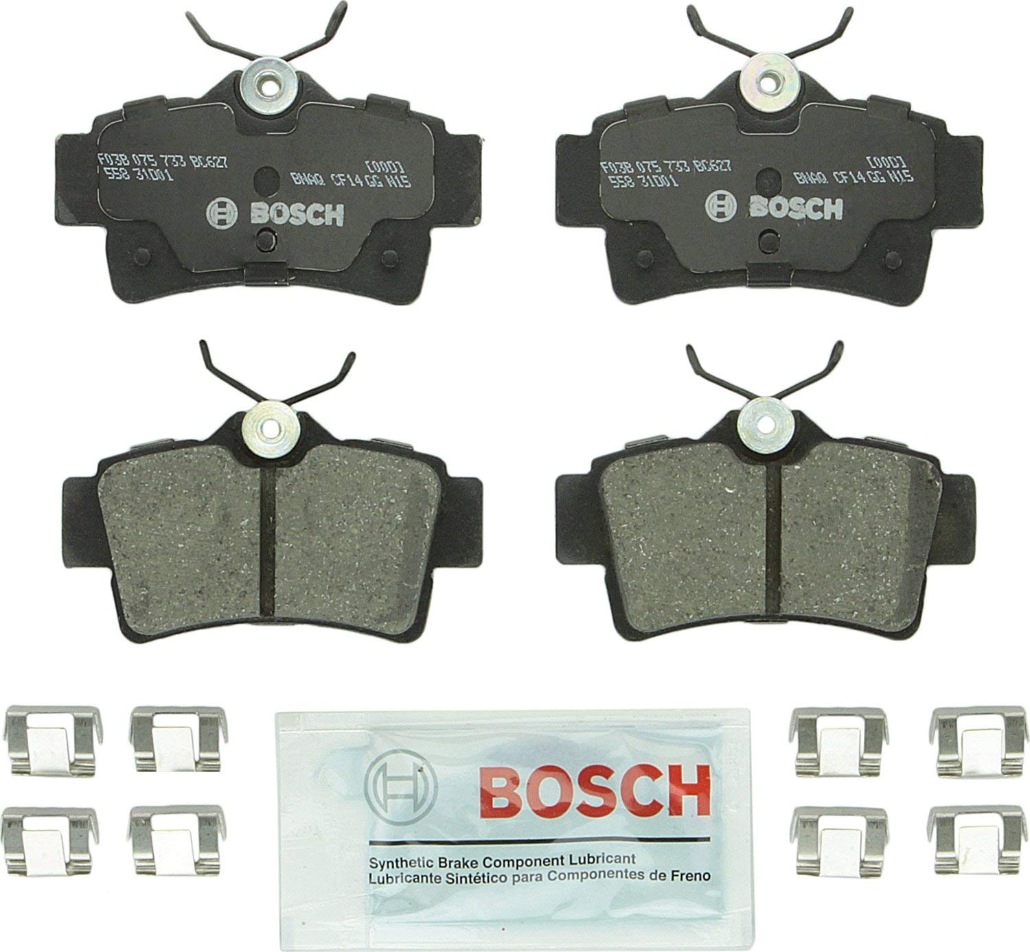 Bosch BC627 QuietCast Premium Ceramic Disc Brake Pad Set For Ford: 1994-2004 Mustang; Panoz: 1999-2000 AIV Roadster, 2001-2007 Esperante; Rear