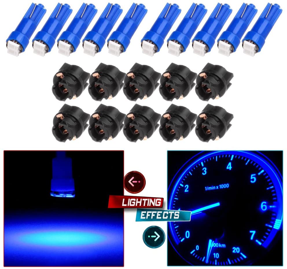 cciyu 10pcs T5 74 85 58 37 27 17 Super Blue 2-2835-SMD Instrument Panel Light Bulbs W/Twist Socket