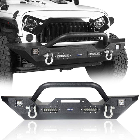 Hooke Road Front Bumper with Winch Plate & 4X LED Lights & D-Rings for 07-18 Jeep Wrangler JK & Unlimited