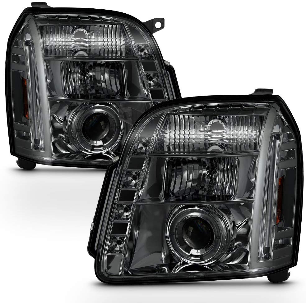 For GMC Yukon Denali SUV Smoked Smoke Dual Halo LED Projector Headlights Front Lamps Replacement Pair