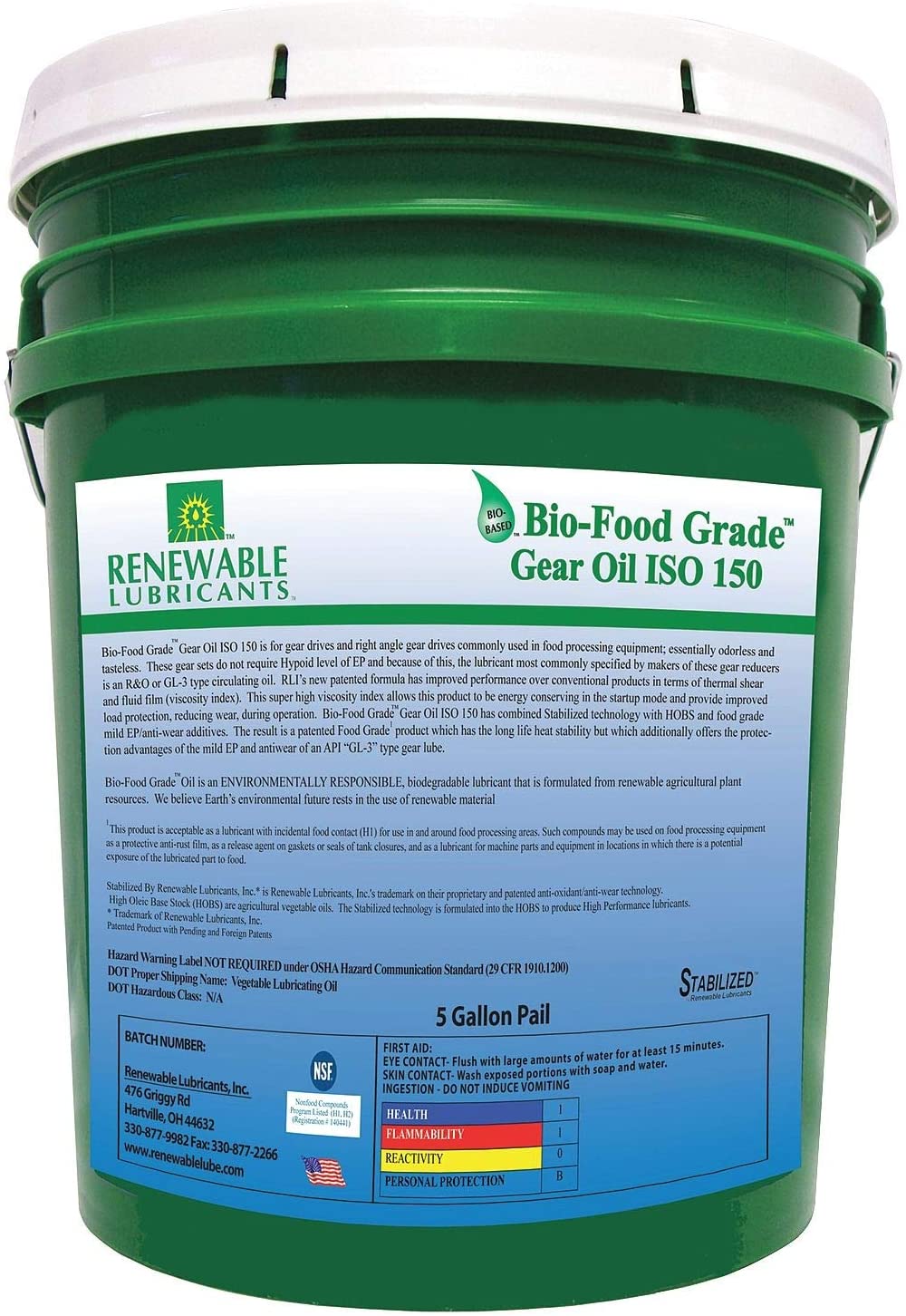 Renewable Lubricants ISO 150, Food Grade Gear Oil, 5 gal. Container Size - 87244