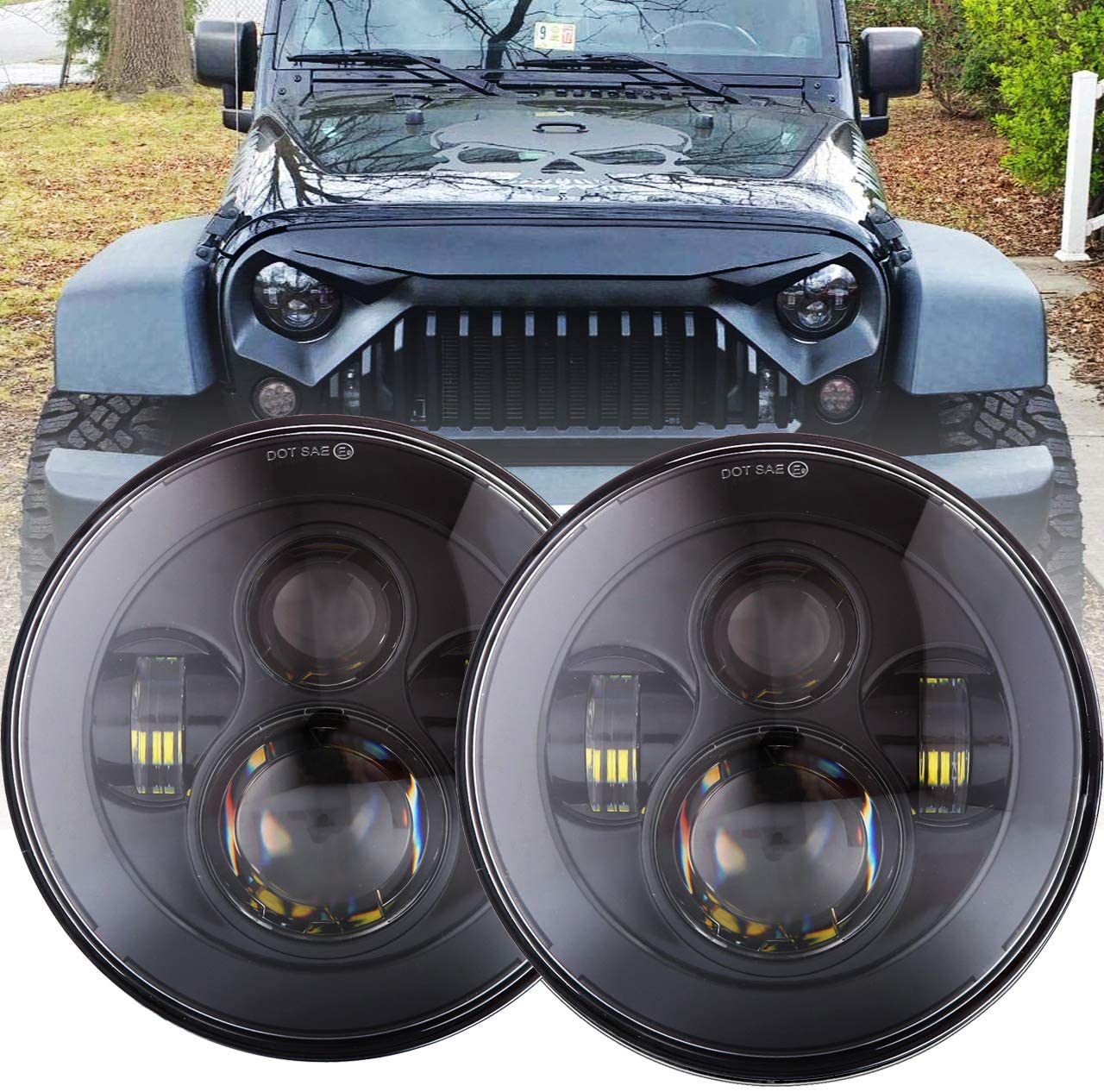 DOT Approved 90W 7 Inch Round LED Headlight High Low Beam for Jeep Wrangler 97-2017 JK TJ LJ JKU Rubicon Sahara Hummer H1 H2 Toyota Land Cruiser Dodge Dakota 2 PCS Black